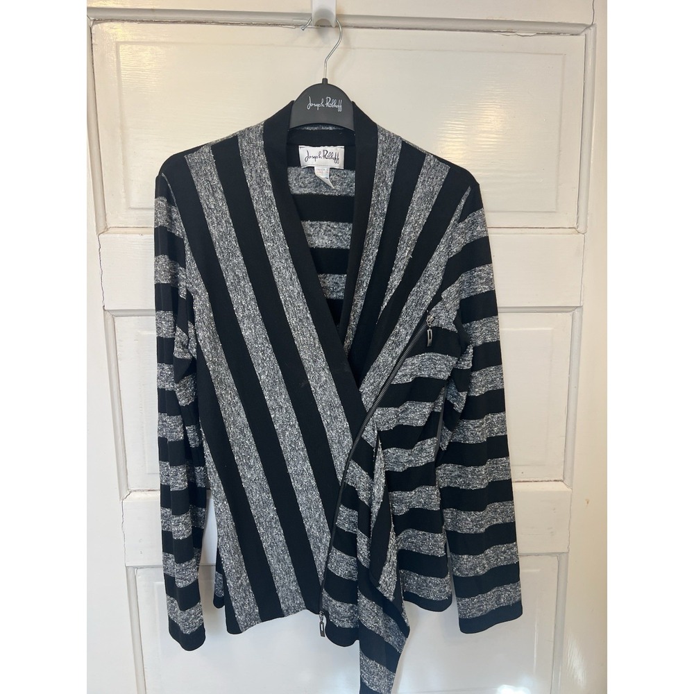 Joseph Ribkoff Black Grey Stripe jersey Zip top - Sz 12 Asymmetrical
